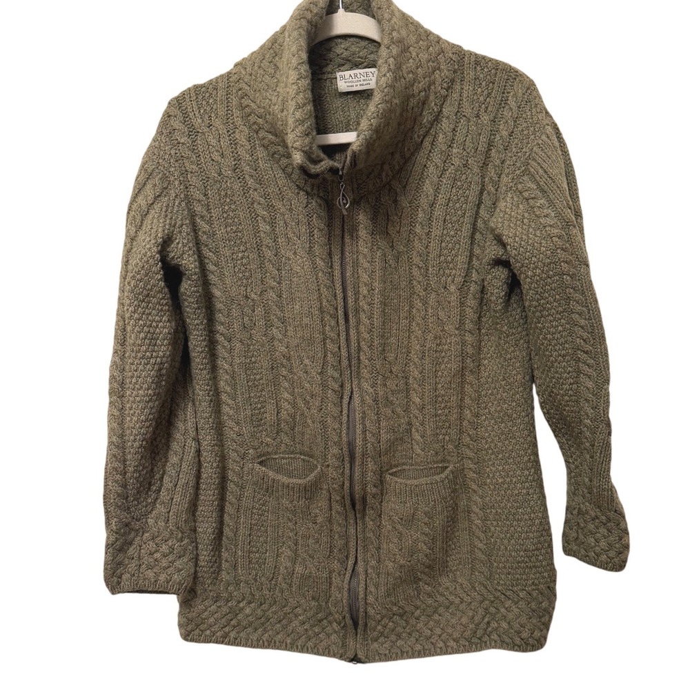 Blarney Woollen Mills Merino Wool Aran Cable Knit Zip Cardigan Jacket S Ireland